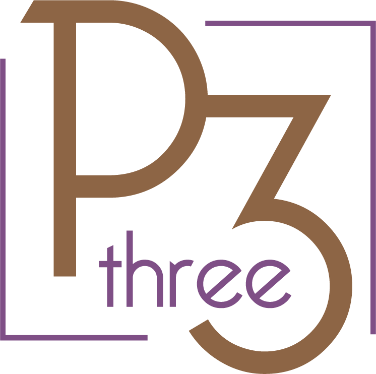 P three three Jewelry's logo. Light brown capital P touching the number 3, with purple text saying 'three' beneath it. The logo is partially enclosed in a purple box.